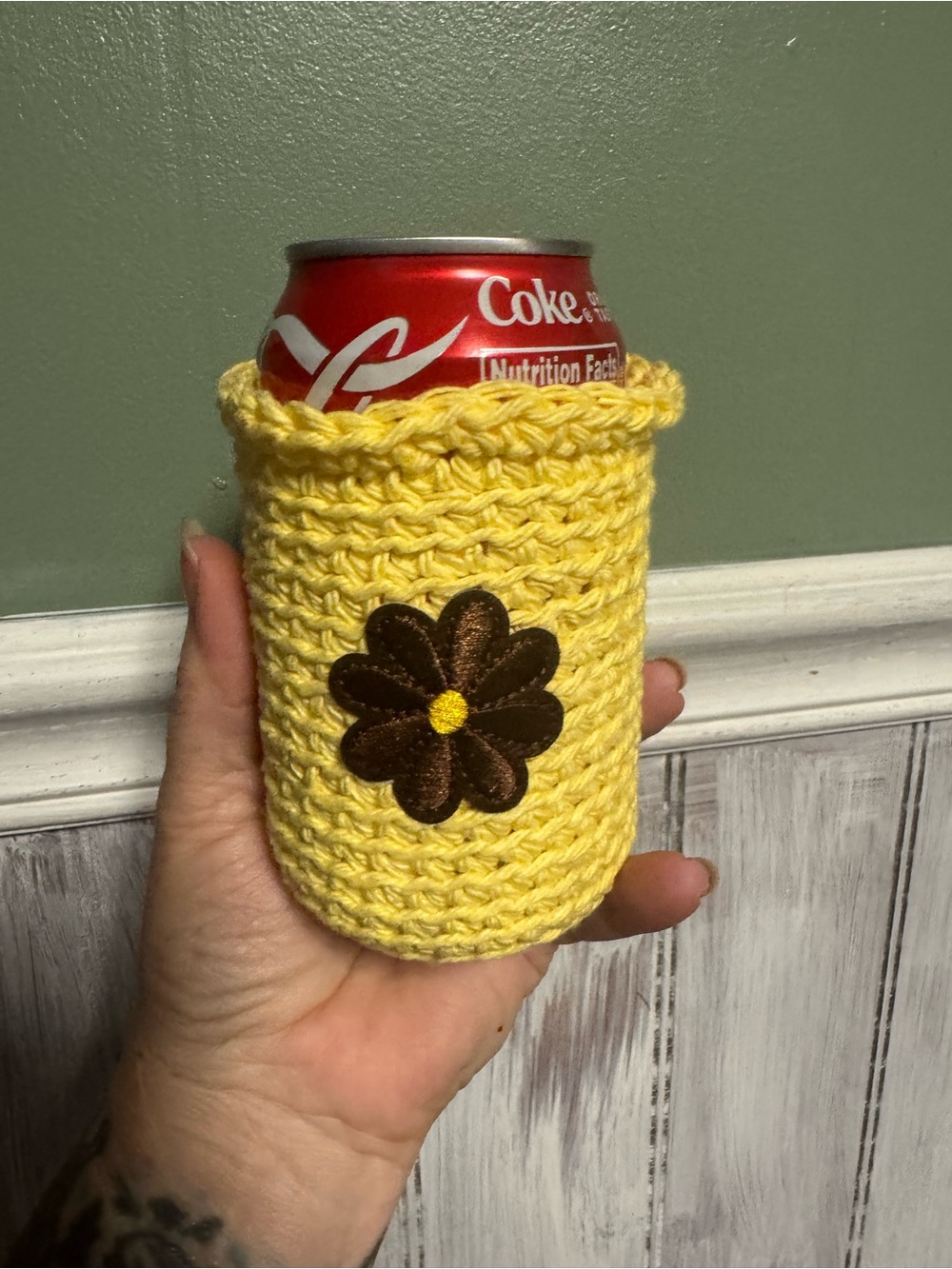 Handmade Yellow Crochet Can Cozy with Brown Flower Accent